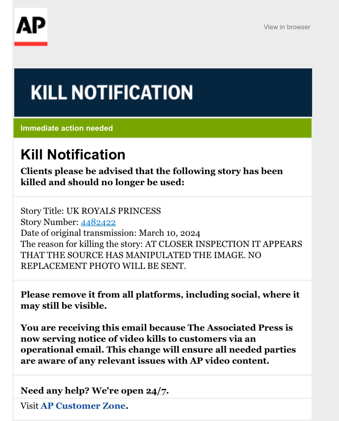 An online 'kill notification' from news agency AP regarding a story called 'UK ROYALS PRINCESS'