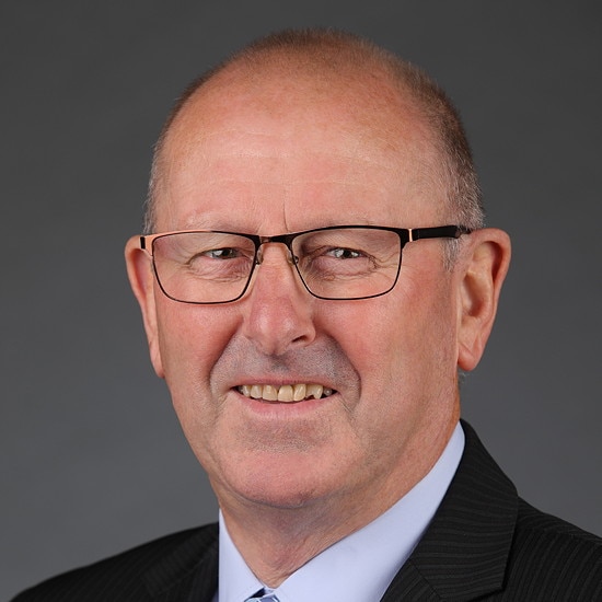 Gary Blackwood wearing thin metal rimmed glasses and smiling.