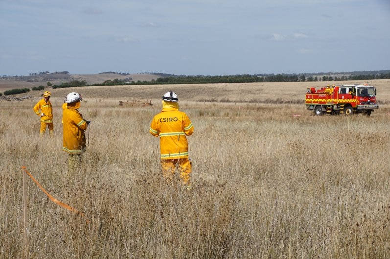Three people in yellow protective fire gear stand in a dry paddock. A fire truck is in the background.