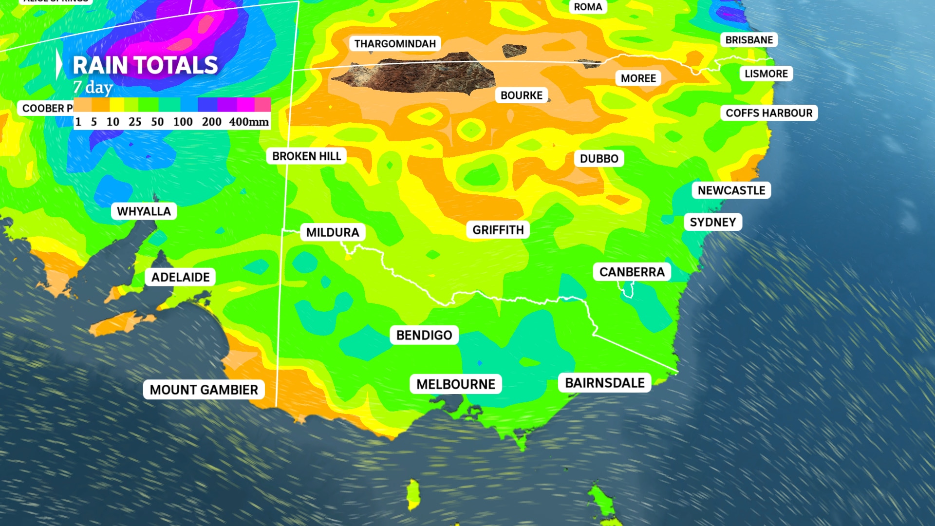 A map showing parts of southern Australia expecting heavy rainfall.