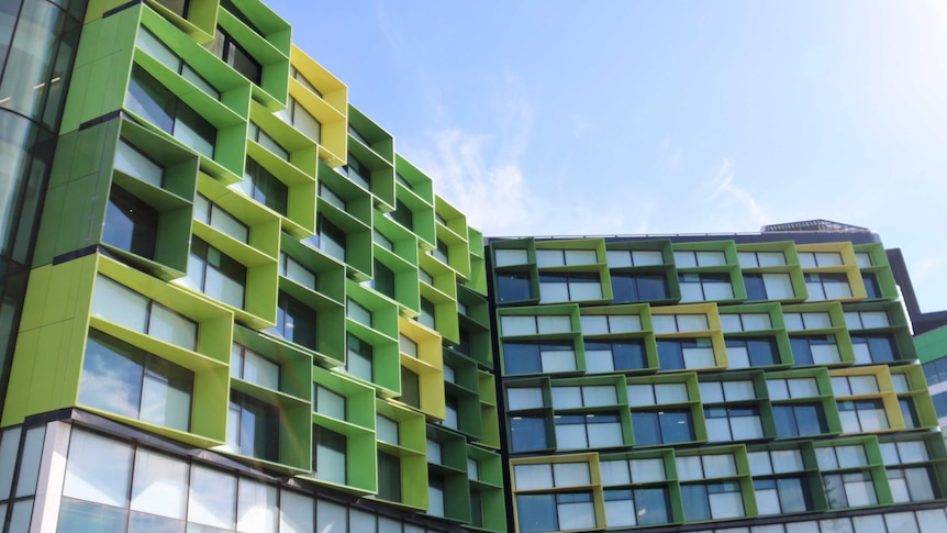 A picture of the exterior of Perth Children's Hospital, showing distinctive green-panelled window frames under a blue sky.