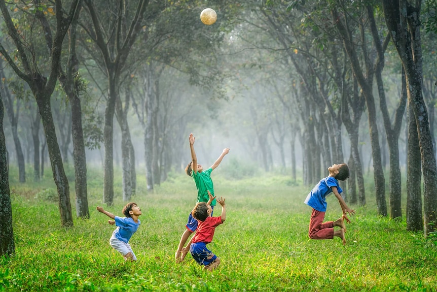 Kids playing with soccer ball in garden