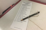 A ballot paper with the 17 candidates listed, with a pencil. It is on the cardboard polling station.