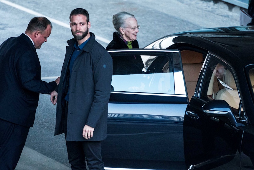 Queen Margrethe is seen leaving the Rigshospitalet Hospital after visiting her husband.