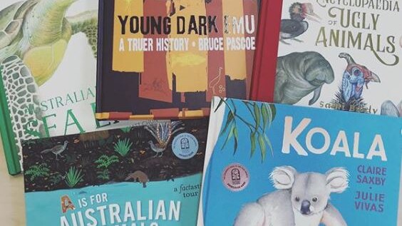 Five books are seen on a white background. They are a mix of books about animals and Bruce Pascoe's Dark Emu.