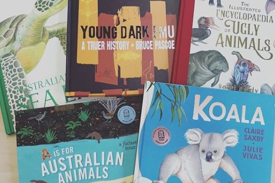 Five books are seen on a white background. They are a mix of books about animals and Bruce Pascoe's Dark Emu.