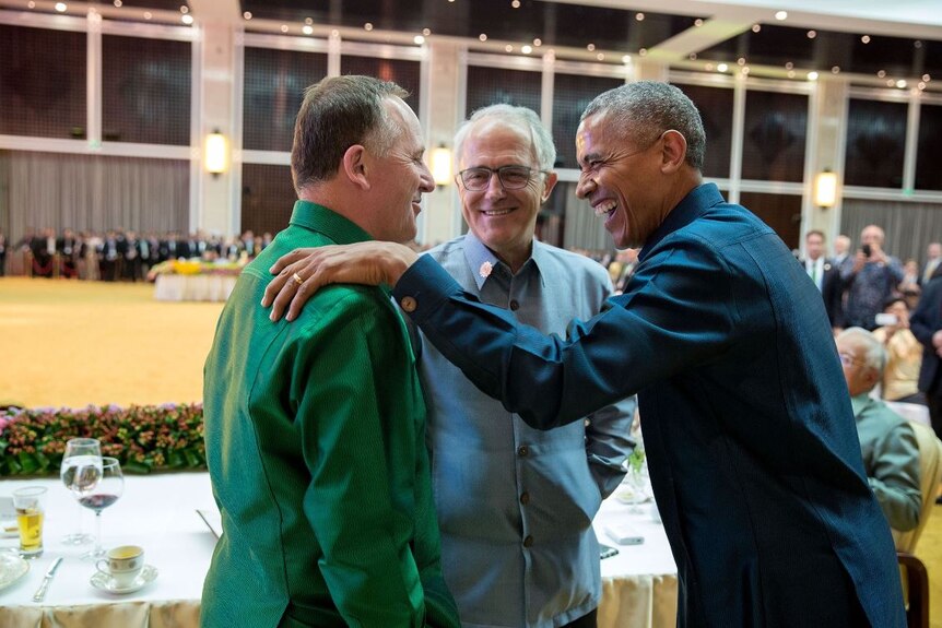 Barack Obama laughs with John Key of New Zealand and Prime Minister Malcolm Turnbull