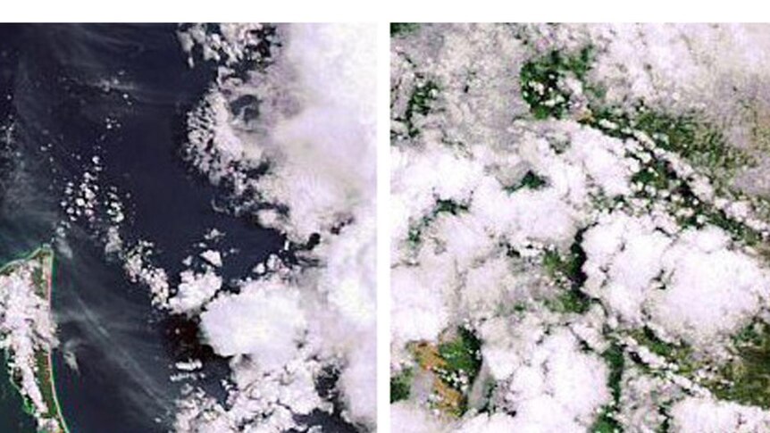 View from space: Moreton Bay as it appeared before and after the flood.
