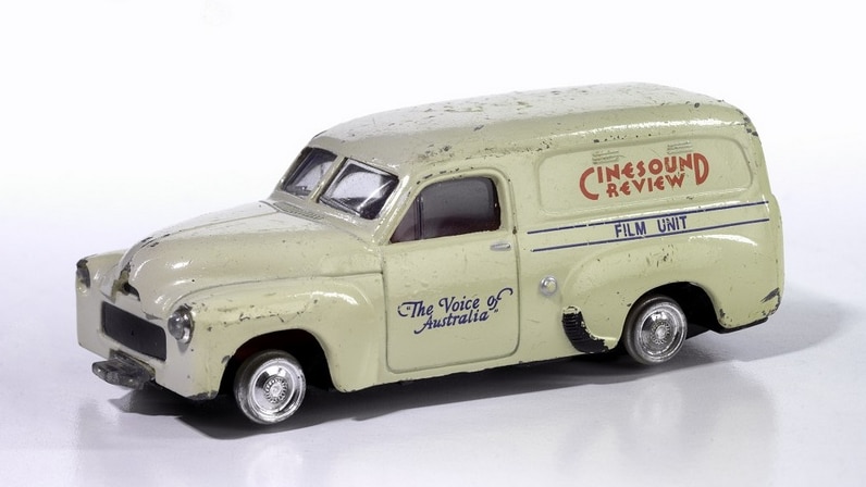 Trax die-cast scale model of Cinesound News Holden FJ panel van, 1992.