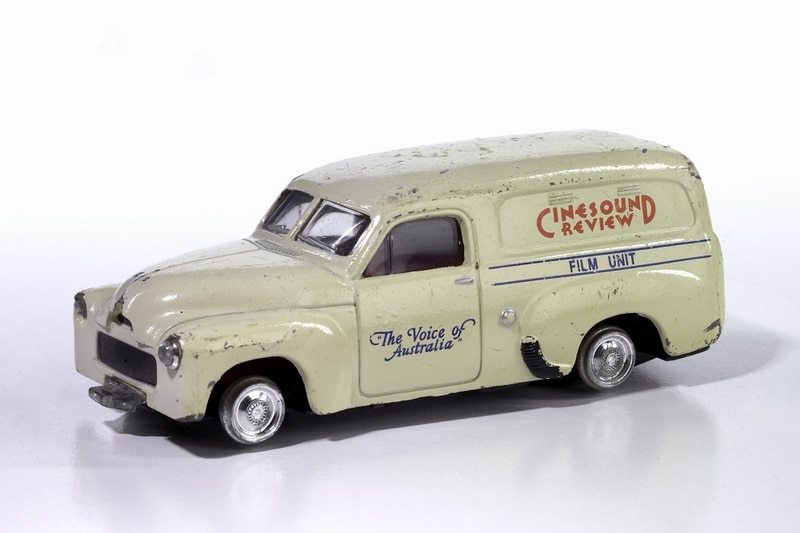 Trax die-cast scale model of Cinesound News Holden FJ panel van, 1992.