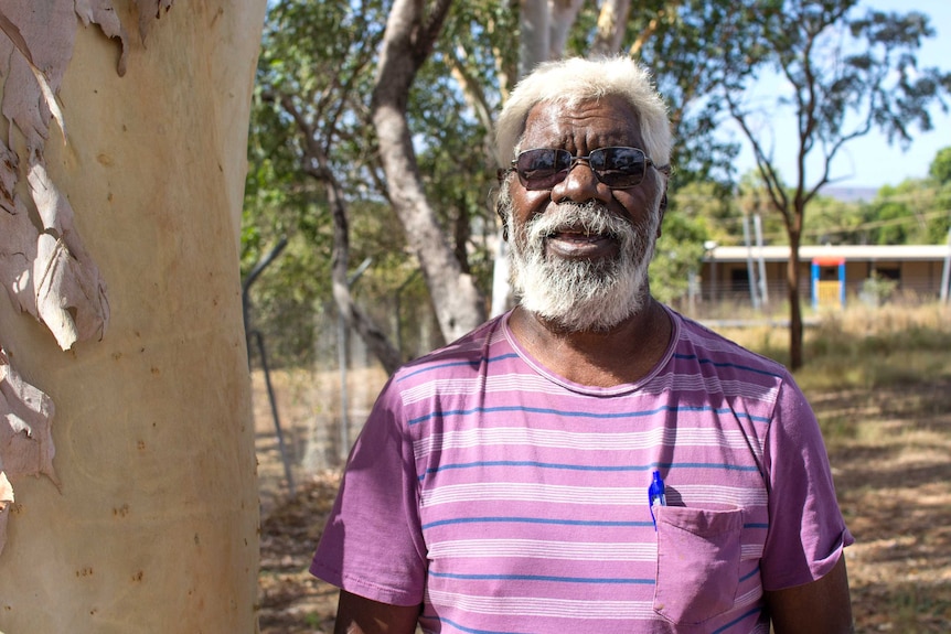 a man in a purple shirt standing next to a tree.