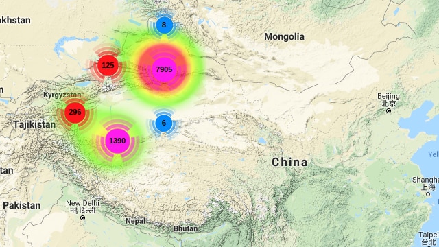 A map of China with different coloured circles on a map.