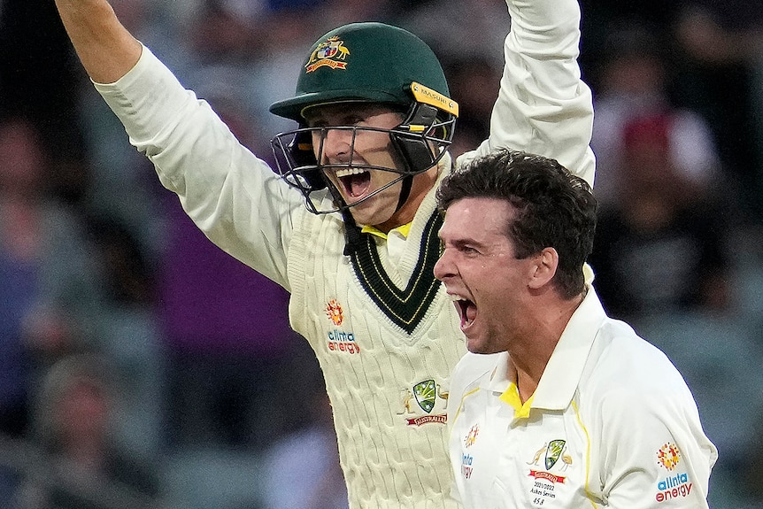 Jhye Richardson celebrates with Marnus Labuschagne