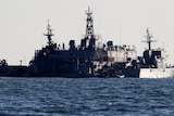 A naval patrol ship is pictured anchoring at a floating base in South Korea off Yeongpyeong Island