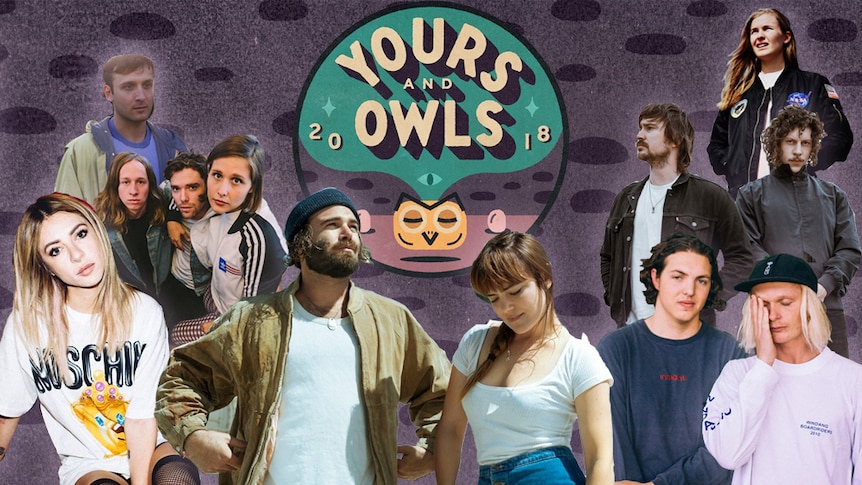 A collage of D.D Dumbo, Middle Kids, Angus & Julia Stone, Peking Duk, Hockey Dad, and Alex the Astronaut for Yours & Owls 2018