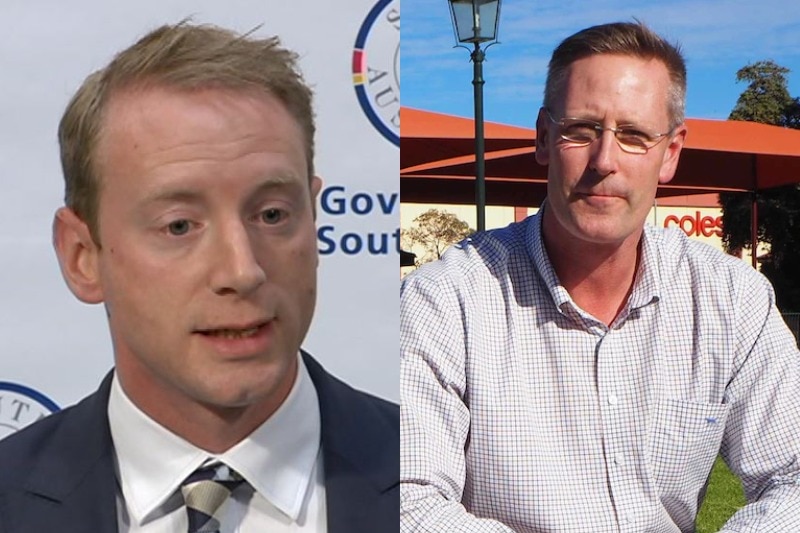 A composite image of a man in a suit and a man wearing a pale blue checkered shirt at an outdoor fair