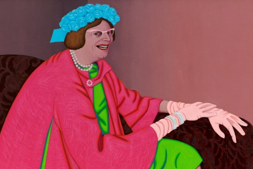 A portrait of Dame Edna Everage dressed in green and pink.