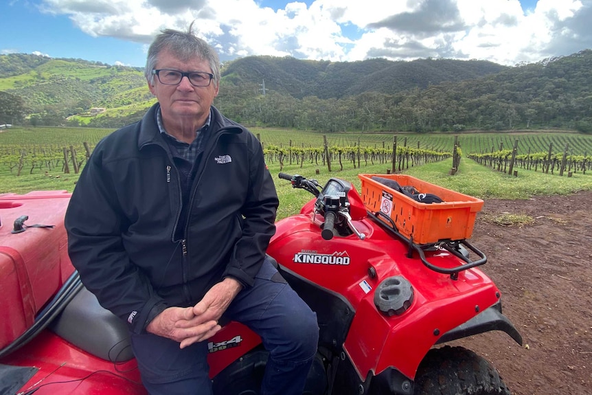 A man sits on a red quadbike in the middle of a lush green valley with vines trailing into the distance behind him