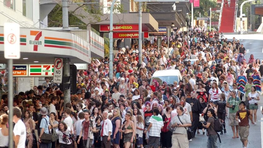 Thousands of zombies participating in the Brisbane Zombie Walk marched down Edward Street in the Brisbane CBD.