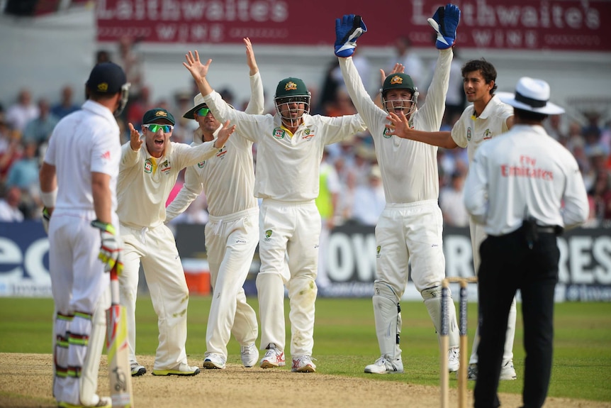 Australian players appeal unsuccessfully for the wicket of Stuart Broad during the first Ashes Test.