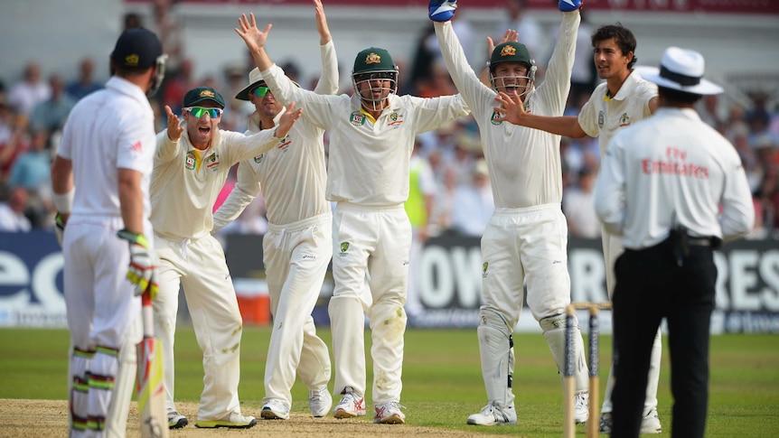 Australian players appeal unsuccessfully for the wicket of Stuart Broad during the first Ashes Test.