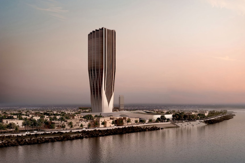 A computer design of a large building next to a river at sunset