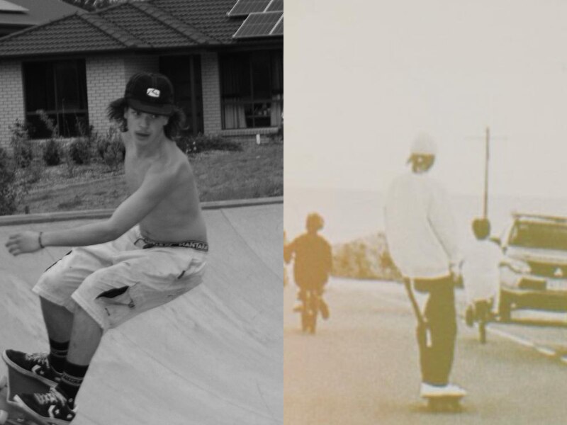 An image composite of a boy on a skateboard.