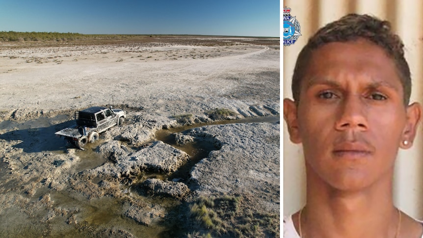 A composite image of a bogged car and a man's face