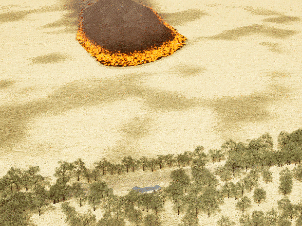 A visualisation created by UNSW with CSIRO data using gaming software Unreal showing  bushfire approaching a house.