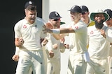 England's James Anderson celebrates the wicket of Australia's Peter Hansdcomb after a review