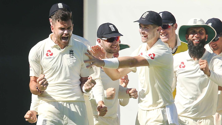 England's James Anderson celebrates the wicket of Australia's Peter Hansdcomb after a review
