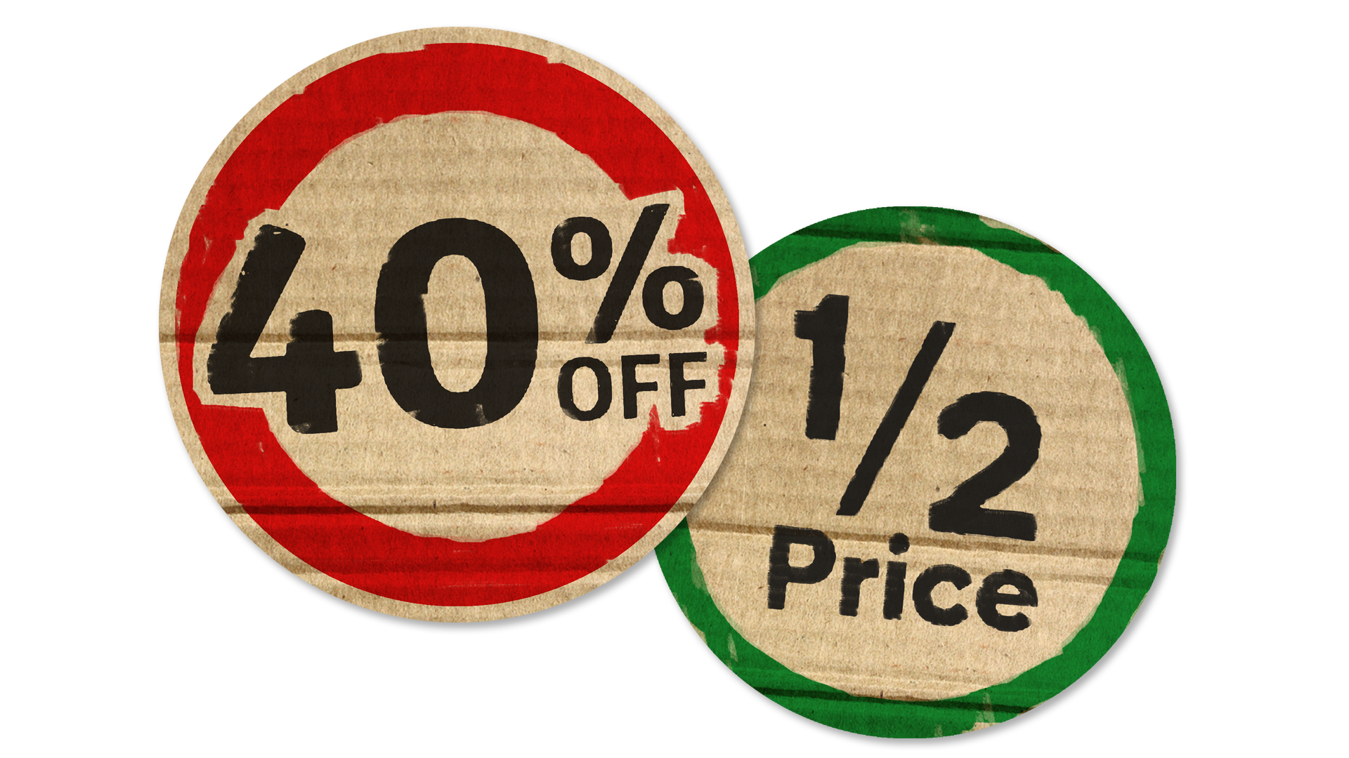 An illustration of two supermarket specials signs on a cardboard texture.