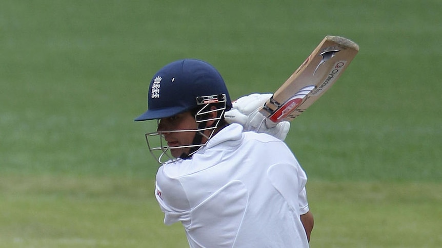 Game over ... Alastair Cook's tour match was wrapped up when he chopped Clint McKay onto his stumps.