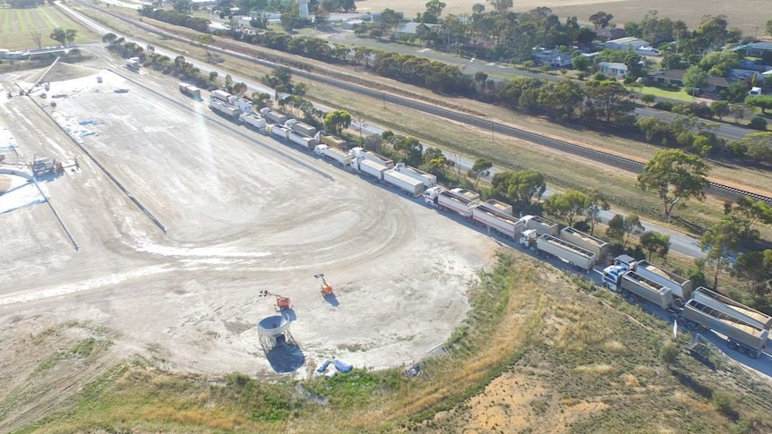 In this aerial shot, a long line of trucks laden with grain can be seen waiting to deliver it to a hippodrome-shaped facility.