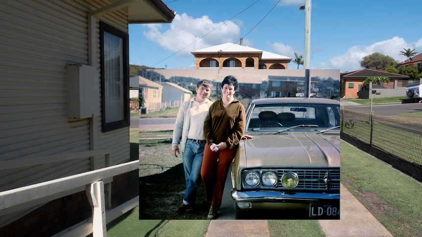 Image of a man and a woman standing beside their Holden car in the 1960s at the same location in 2022.