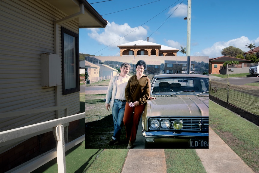 Image of a man and a woman standing beside their Holden car in the 1960s at the same location in 2022.