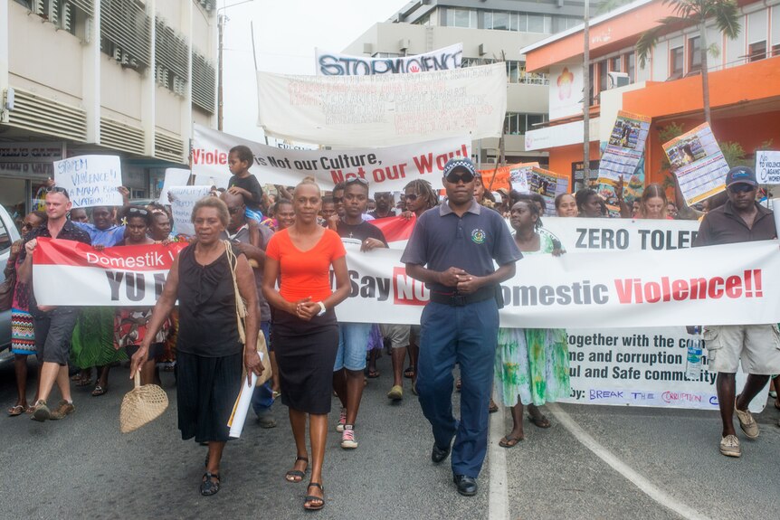 Florence Lengkon leading demonstrators on a march through Port Vila