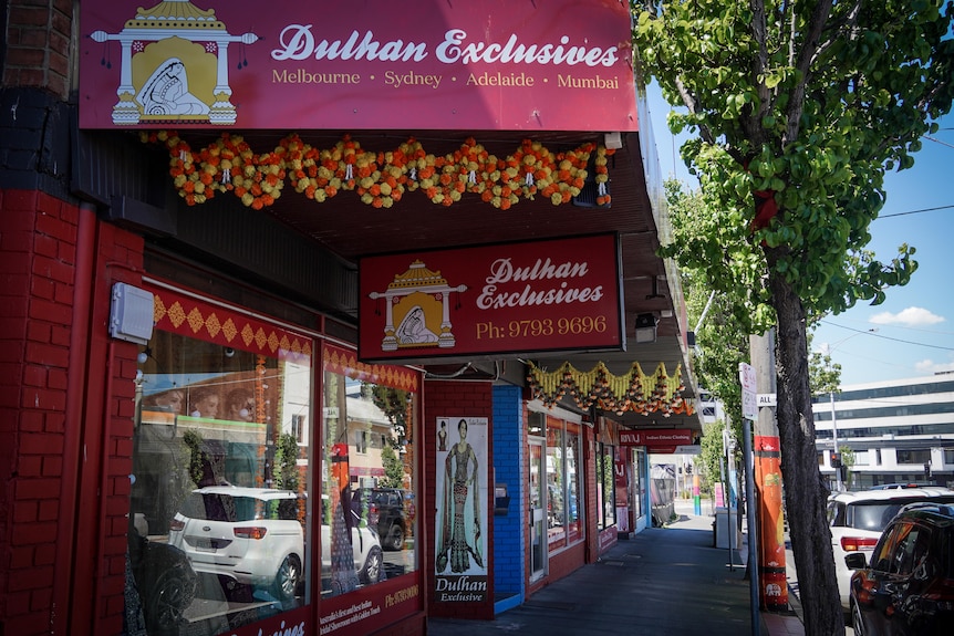 A strip of colourful Indian shops