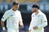 New Zealand captain Brendon McCullum speaks to fast bowler Trent Boult