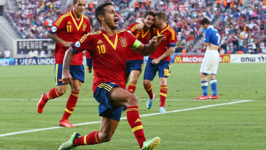 Spain's Thiago Alcantara celebrates in the UEFA under-21 Championship final against Italy in 2013.