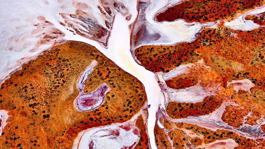 An aerial shot of a milky white river snaking through vivid ochre and red earth taken at Lake Lefroy in Western Australia.