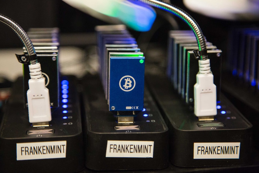 A chain of block erupters used for bitcoin mining.
