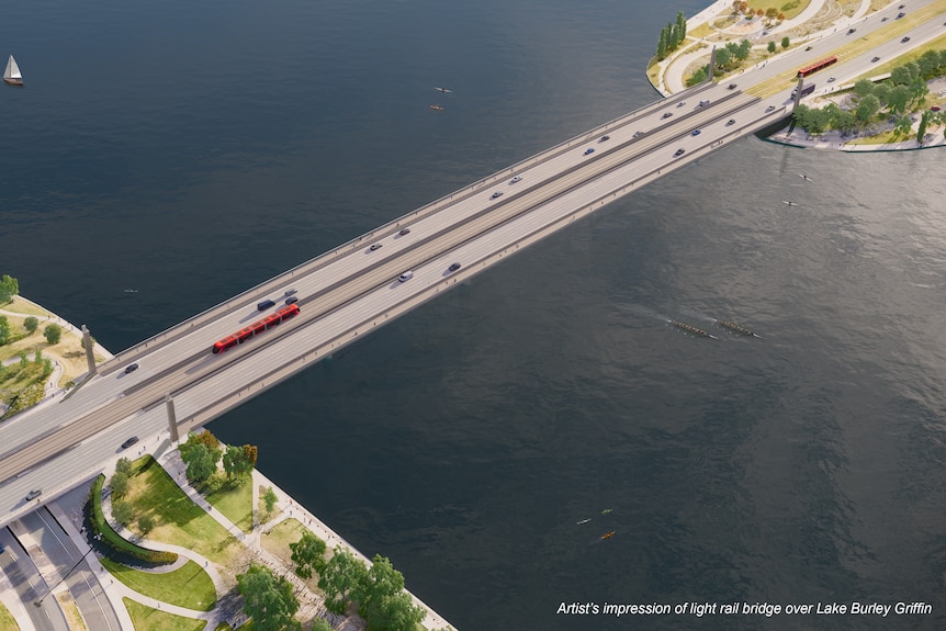 An artist's impression of Canberra light rail passing over Lake Burley Griffin.