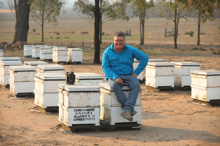 A man in blue jeans and a long-sleeved blue shirt smiles as he sits on a beehive box.