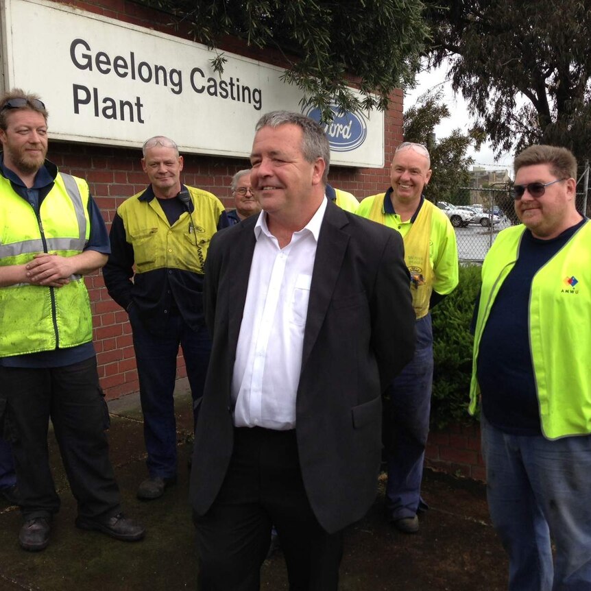 Adrian Reedman with workers outside the Ford plant in Geelong.