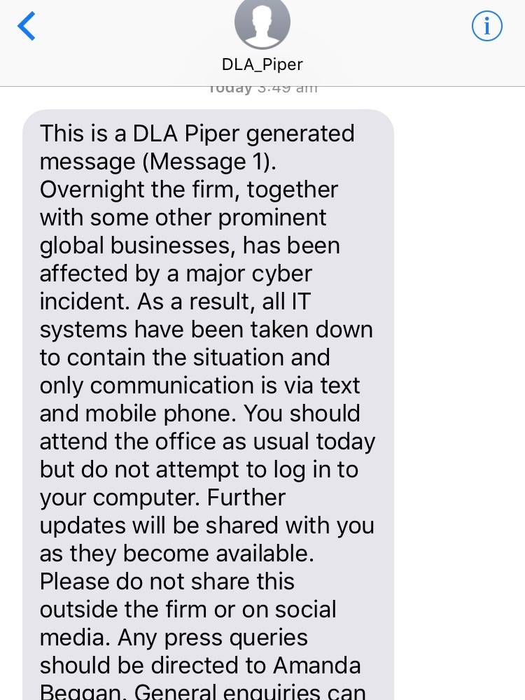 Screenshot of a text message sent to DLA staff in Australia.
