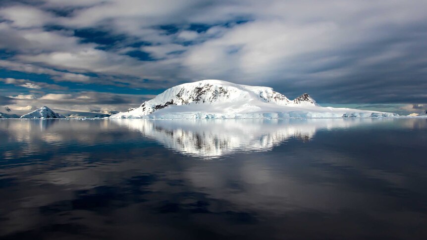 A snow-covered Antarctic island