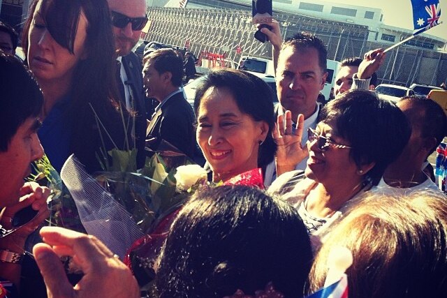 Warm welcome: Myanmar opposition leader Aung San Suu Kyi arrives in Sydney for her first visit to Australia.