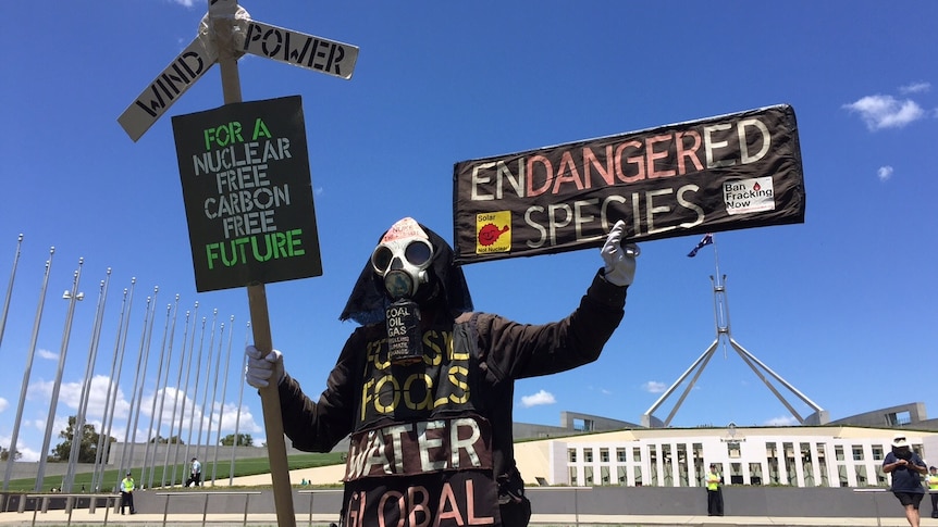 Masked protester holds signs praising wind, solar power