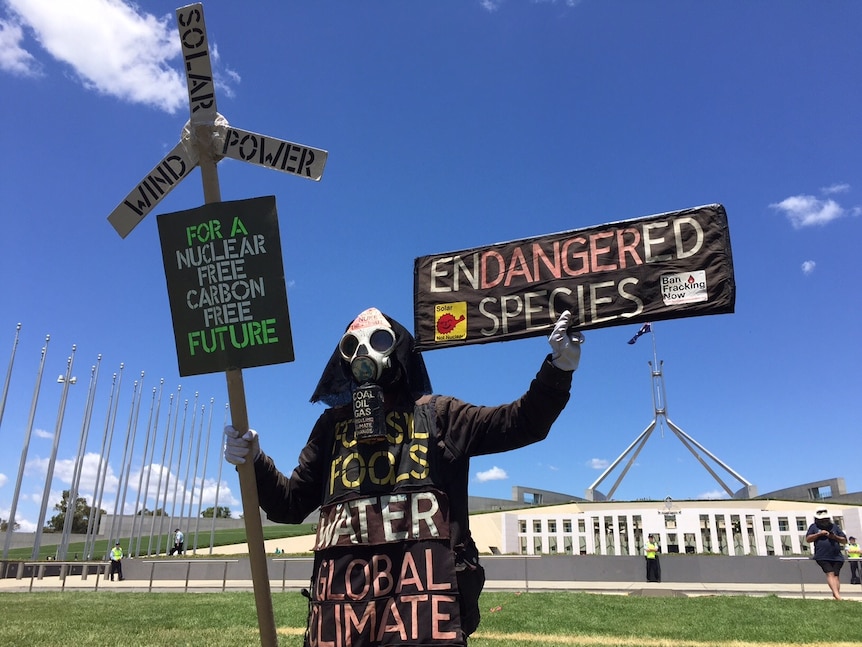 Masked protester holds signs praising wind, solar power